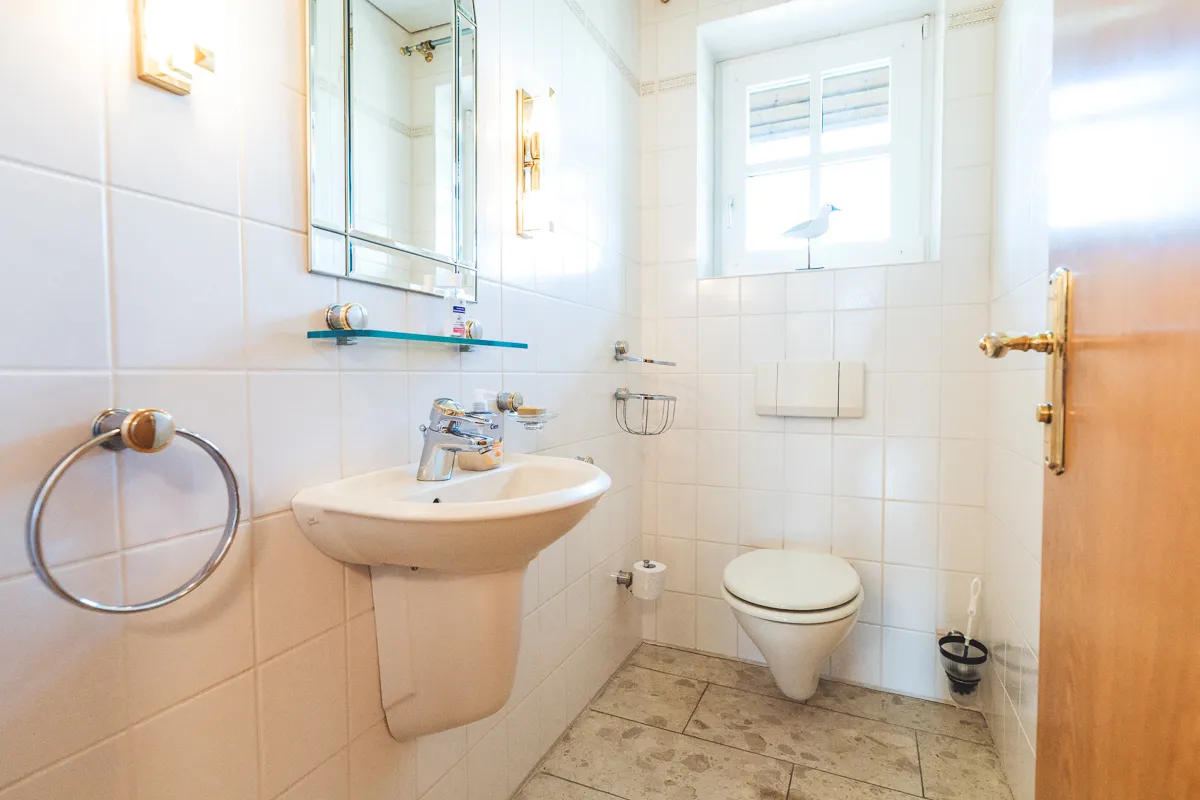 Separates Gäste-WC im Flur mit Waschbecken, Spiegelschrank und Wand-WC